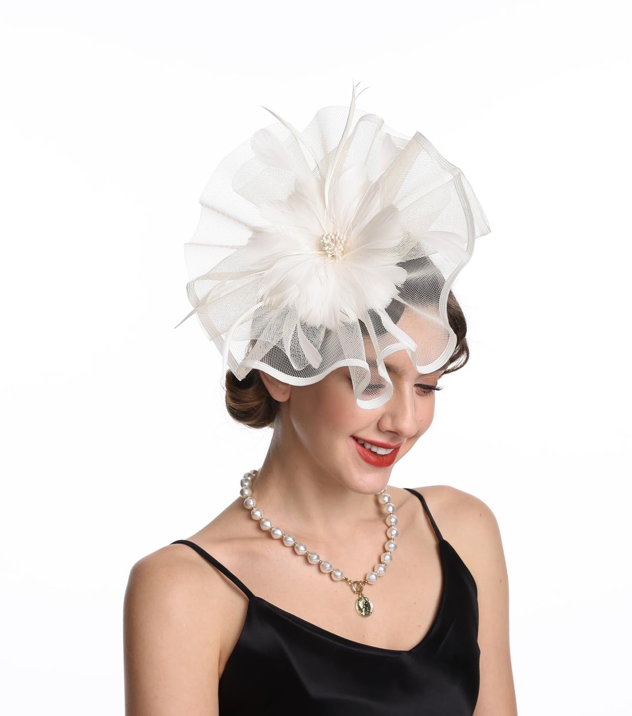 Fascinator Hat Feather Mesh Net Veil Party Hat Ascot Hats Flower Derby Hat with Clip and Hairband for Women