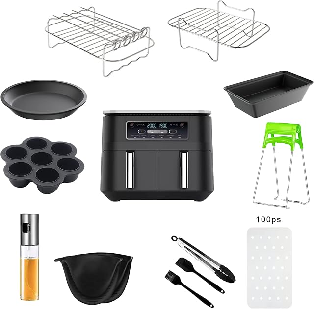 Air Fryer Accessories Ninja Foodi AF300UK, AF400UK & 7.6L-9.5L or Larger Dual Air Fryers, Set of 12 Including Pizza Pan, Racks, Egg Mold, Oil Spray Bottle,100Pc Paper Lining etc., Black (06CS0004AB)