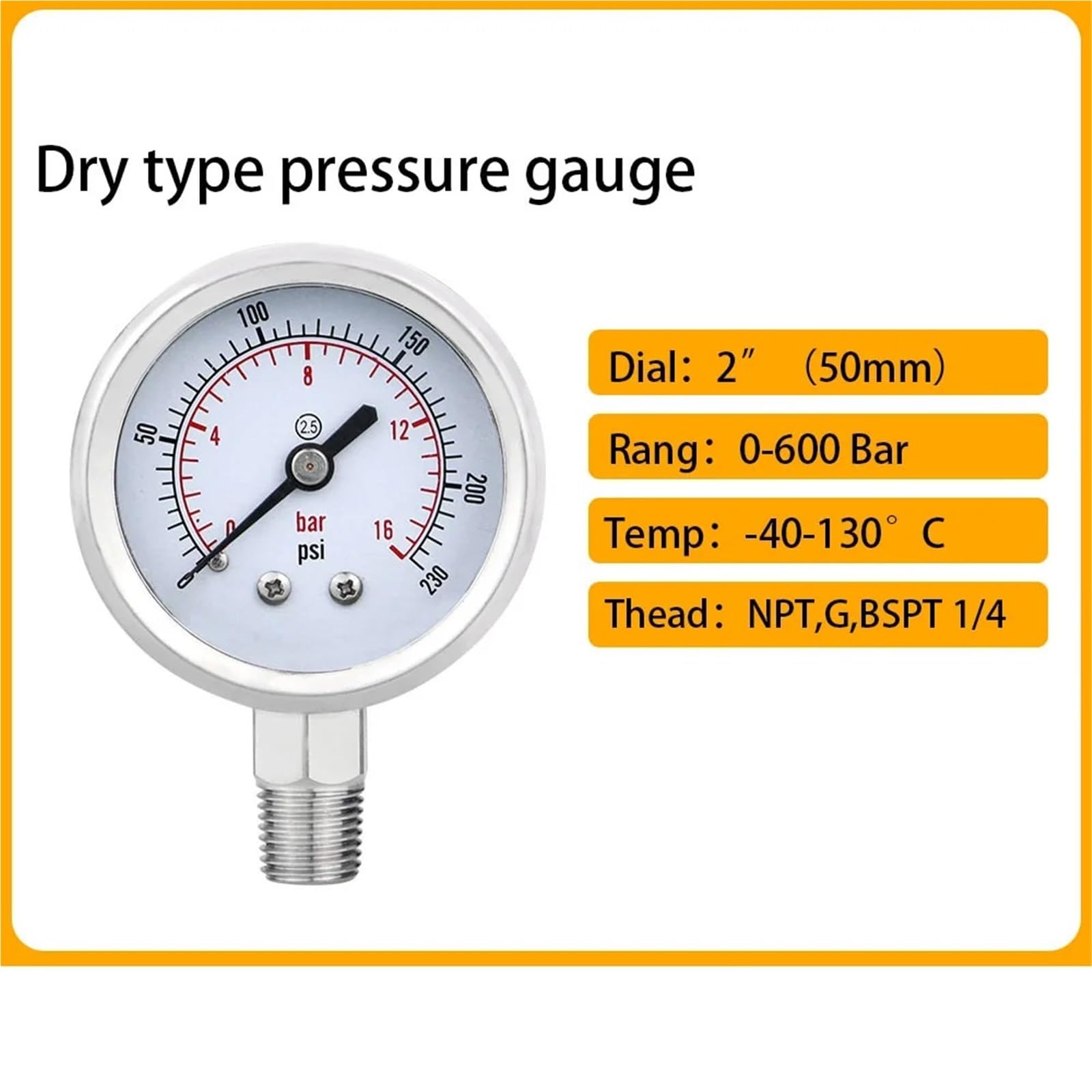 Manómetros de Acero Inoxidable, 50mm(2 "), precisión, 2,5%, conexión Inferior, manómetro hidráulico de Alto vacío de Agua(BSPT(ZG) 1-4,0-10bar)