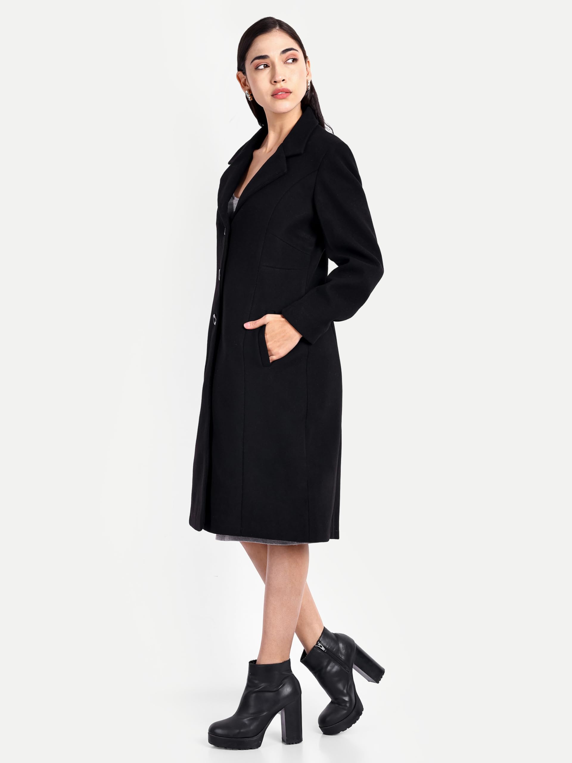 HAUTEMODA Women Tweed Winter Coat Trench Long Sleeves Over With Pocket Single Breasted (L, Black) 2