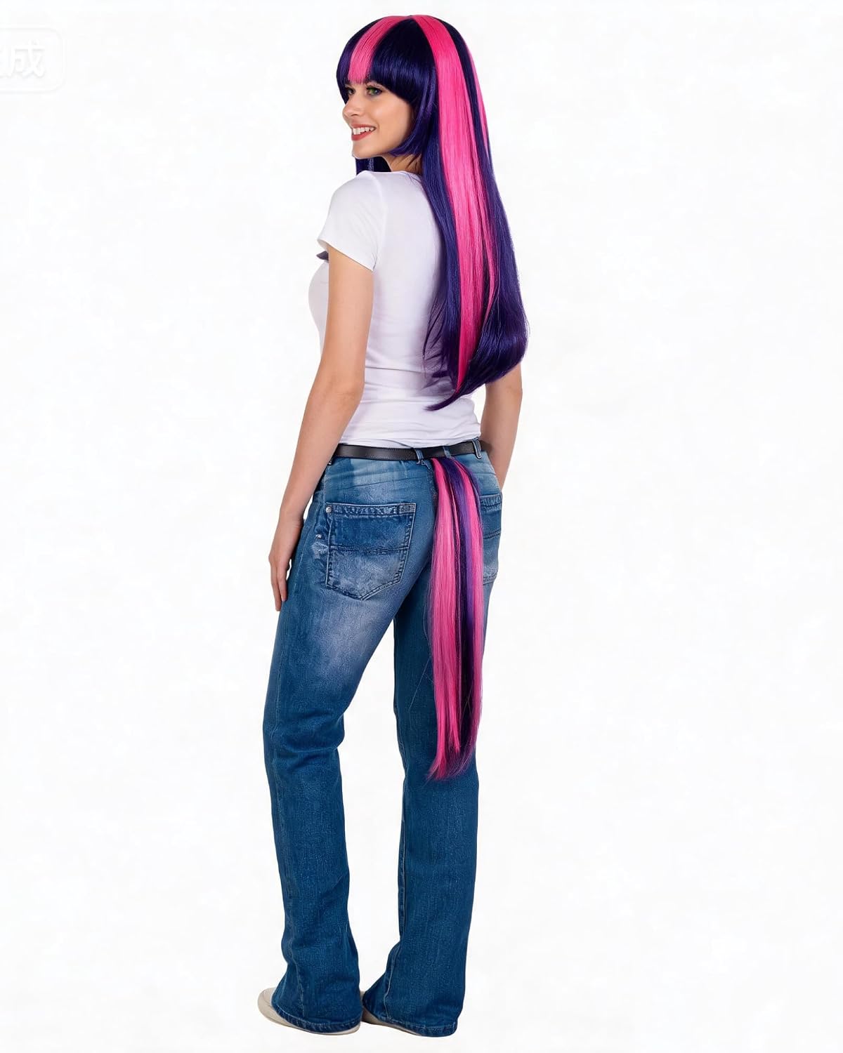 ANOGOL Hair Cap + Purple Mix Pink Cosplay Wigs with Ponytail Rainbow Scene Wig with Tail Multi-Colored Synthetic Hair Anime Cosplay Wigs for Halloween Costume Christmas Party Outfit Mardi Gras Wig