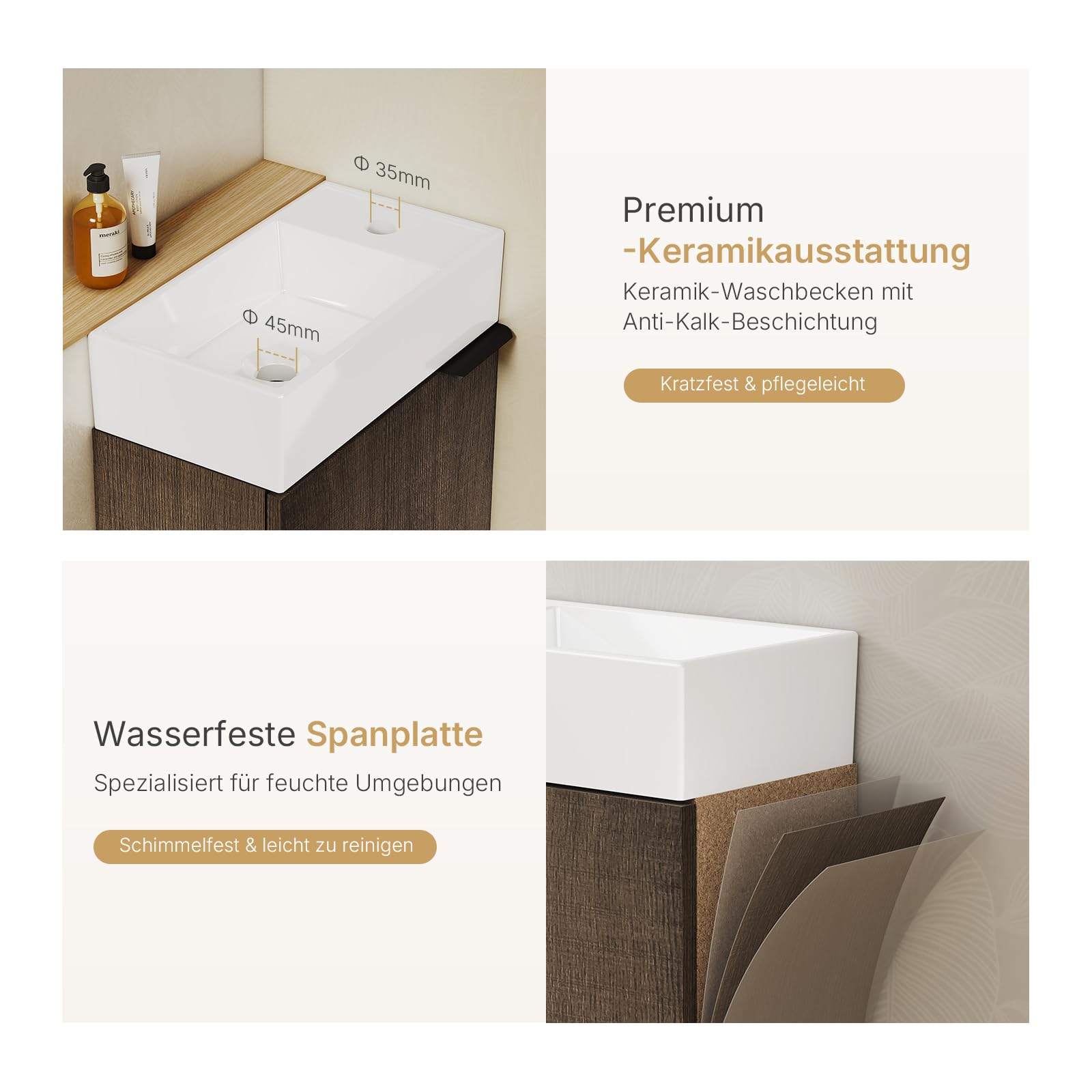 EMKE Waschtisch mit Unterschrank 41 cm, Badmöbel-Set mit Keramikwaschbecken – ideal für Gäste-WC & kleines Bad, Waschbecken mit Unterschrank, Geräucherte Eiche