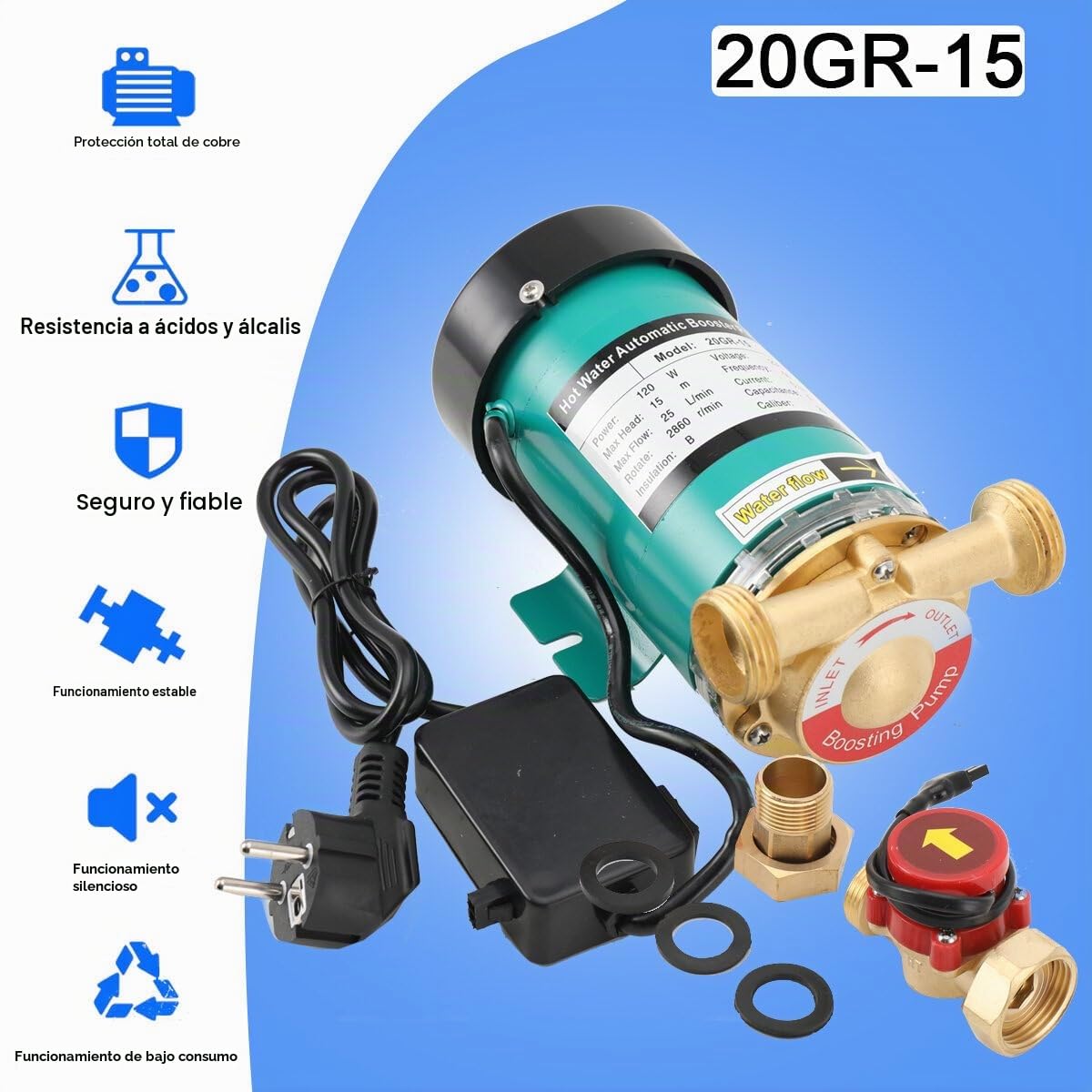 Bomba de Circulación Automática de Aumento de Presión, Verde, Acero Inoxidable, Bomba de Agua, 120 W, 25 l/min, 15 m, 230 V/50 Hz