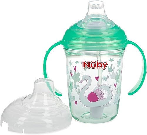 Nuby No Spill Tritan 2 asas 360 con estampado de purpurina de popotes con peso, taza de boquilla, 8 onzas, 8.1fl oz, 4 meses +, cisne verde