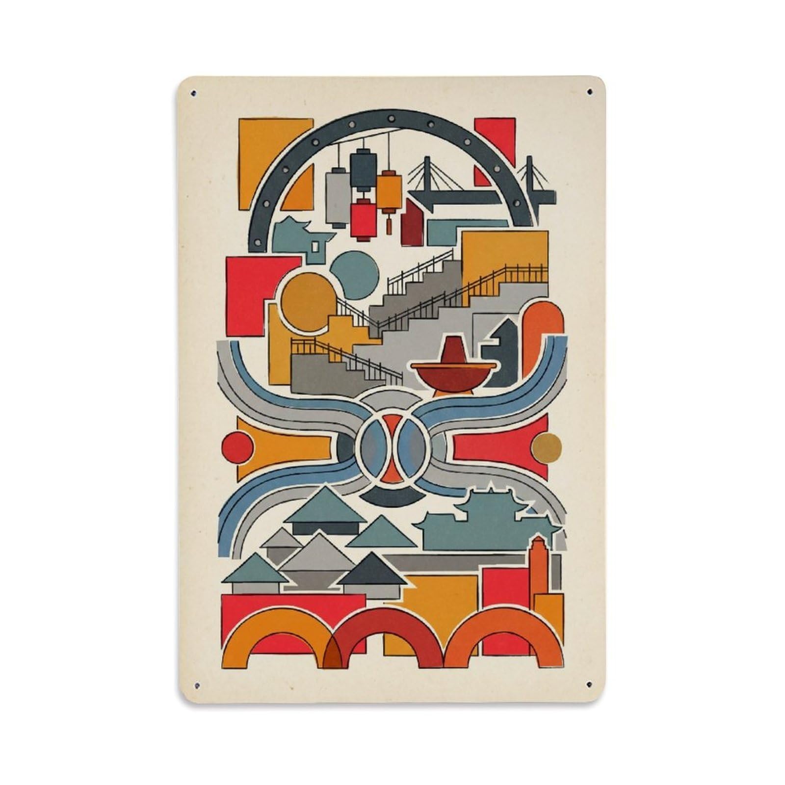 Okngb Style Chongqing Chinese Travel Illustration Landmark City Metal Tin Sign Plaque Wall Decor For Cafe, Man Cave, Club Bar, Office, Home Garden Round Metal Poster 8X12inch