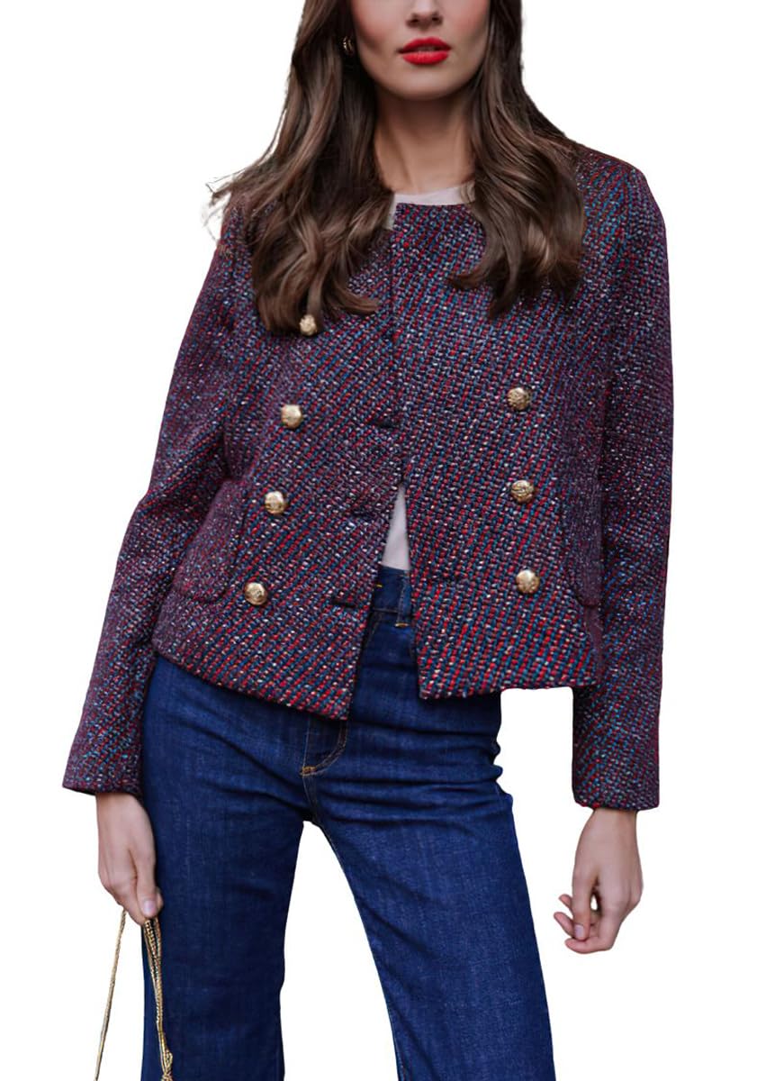 chouyatou Womens Double Breasted Tweed Blazer Jacket Business Casual Dressy Tweed Jacket Office Work Suit