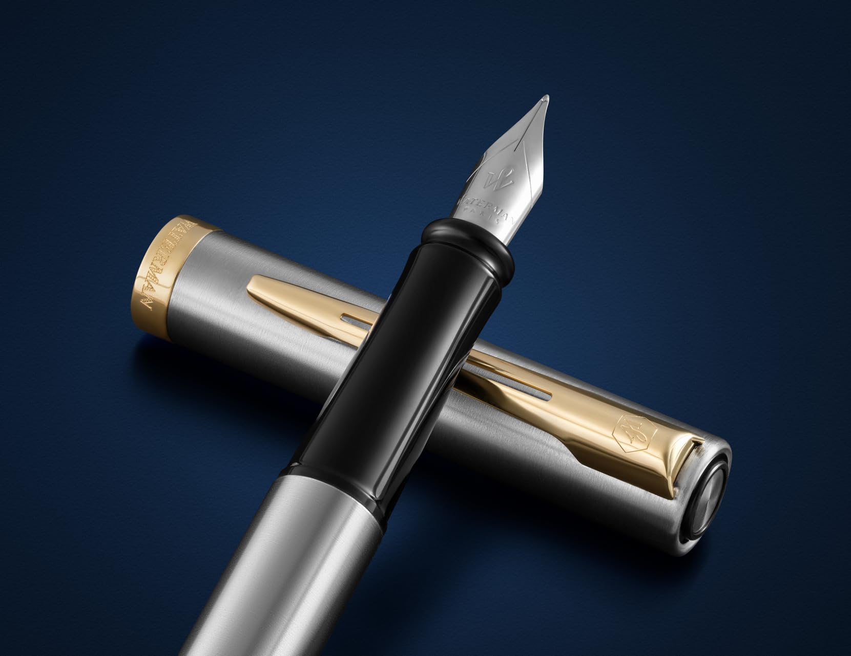Waterman Impression Juego de bolígrafos y plumas estilográficas con grabado, pluma premium personalizada, elegante juego de escritura para hombres y mujeres, tinta azul (Stainless Steel GT)