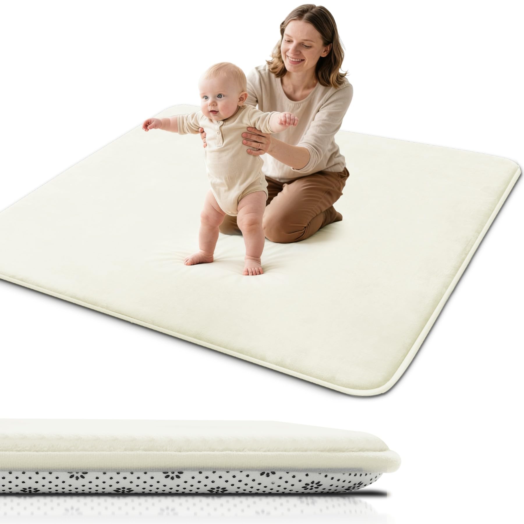 Tappeto Gioco Bambini,Spessi Tappeto Gioco Base Antiscivolo | Neonato Imbottitura In Foam & Superficie Morbida,Facile Da Pulire,Tappeto Tummy Time Per Cameretta Recinto ,127x127cm,Beige