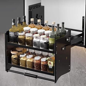 YVYKFZD Pull Down Cabinet Organizer Shelf, 2-Tier Cabinet Pull Out Organizer, Large Capacity Kitchen Storage Shelf Organizers, Wall Retractable Cabinets Storage RackBlack,24"x10"x21"/61x26x53cm