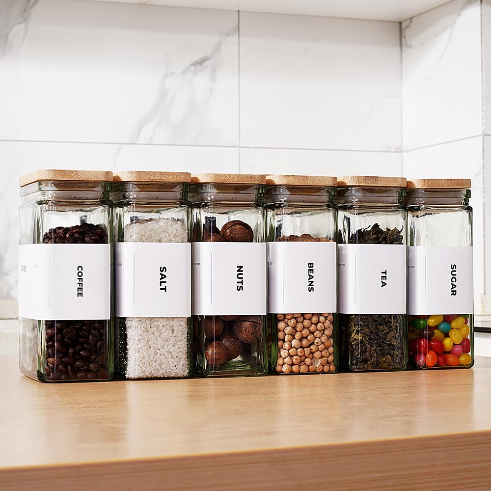 APT 1101 Vorratsdosen aus Glas mit Bambusdeckel, 765 ml, 6 Stück, Glasdosen mit luftdichtem Deckel, transparente Gläser mit Deckel für Kekse, Süßigkeiten, Tee, Kaffeebohnen und Reis (weiß)
