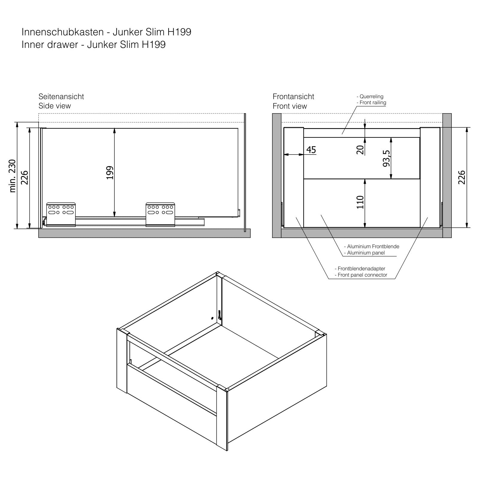 Schubkastensystem JUNKER-SLIM weiß Höhe: 199 mm Tiefe: 400 mm Soft-Close