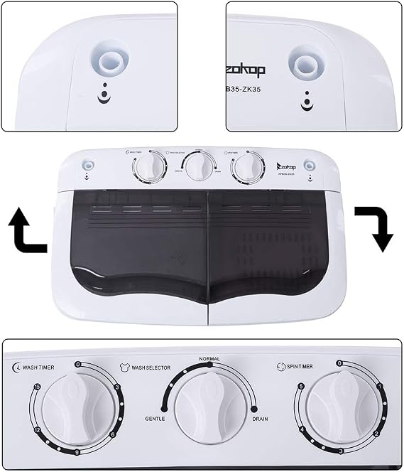 Portable Compact Twin Tub Washing Machine - 14.3lbs (7.7+6.6) Capacity,Semi-Automatic - Built-in Drain Pump - for Camping, Apartments, Dorms, College Rooms,Delicates,Gray