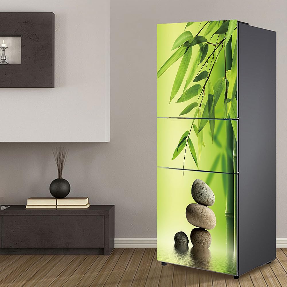 Cnfhfry Green Fridge Stickers， Full Covering Door Fridge Covers Skins Wall Stickers For Kitchen Decal, Bamboo Leaf Harmonious Stone(M: 60X180 Cm)