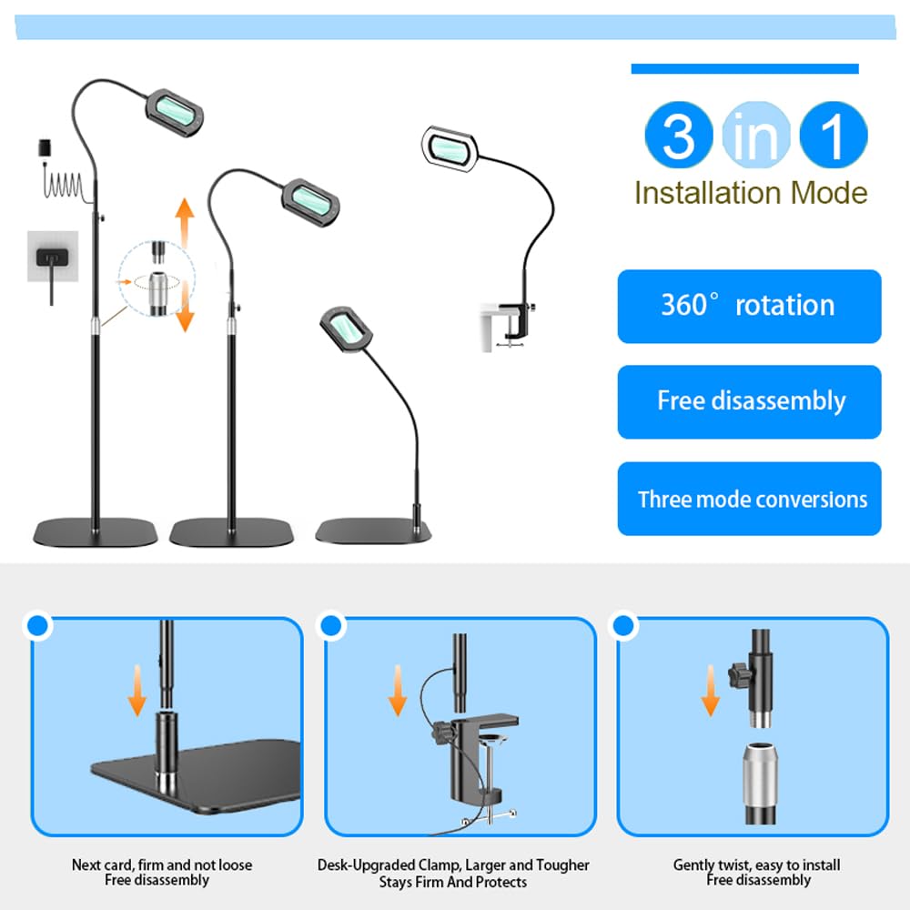 Loupe carrée 10x avec lumière et pince, loupe en verre véritable éclairée par LED et support (vert)