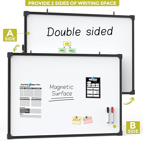Miniatura 6 de MaxGear Pizarra blanca magnética de borrado en seco, pizarra blanca de doble cara de 36 x 24 pulgadas, marco de aluminio negro para pared, tablero