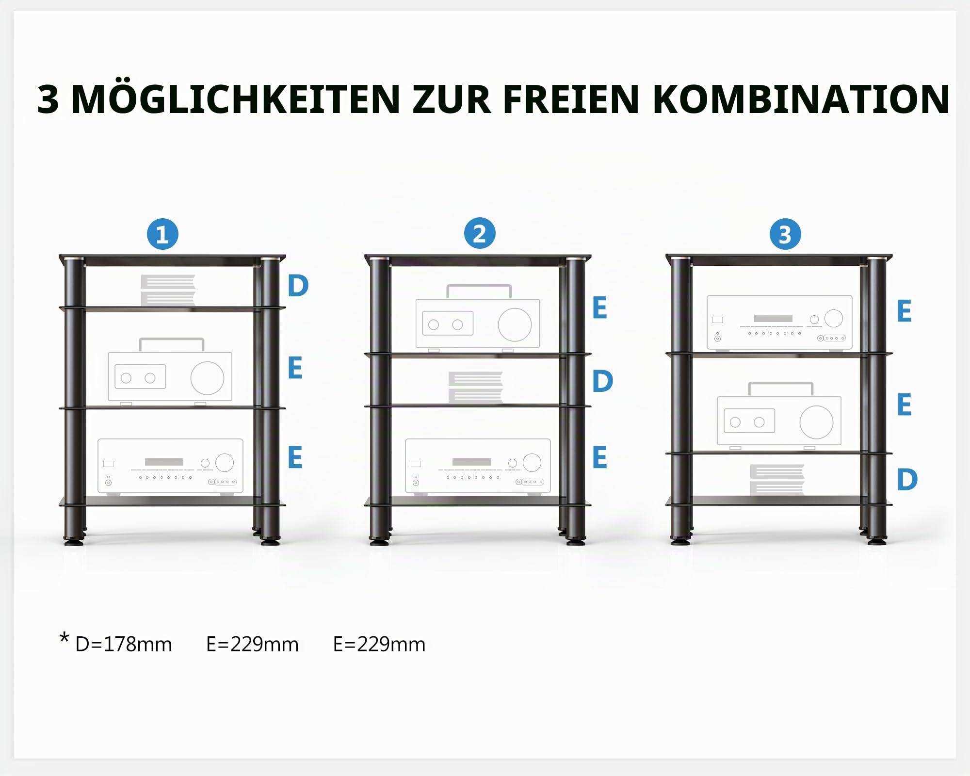 FITUEYES HiFi Rack aus Glas & Alu, Plattenspieler Regal mit Höhenverstellbaren Ablagen & Verstellbaren Füßen für Plattenspieler, Stereoanlagen & Kompaktanlage, 600x455x770 mm, AS406001GB