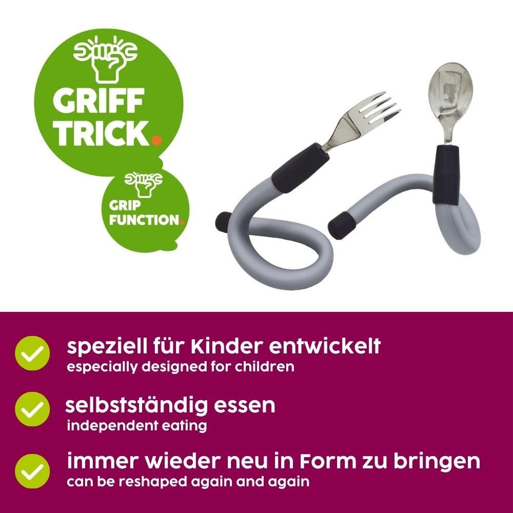 ORNAMIN Biegsames Kinderbesteck-Set | Ergonomische Esshilfe für Kinder mit Handicap | Flexibler Griff | Spezialbesteck für Pflege & Inklusion | Edelstahl & Silikon | Made in Germany