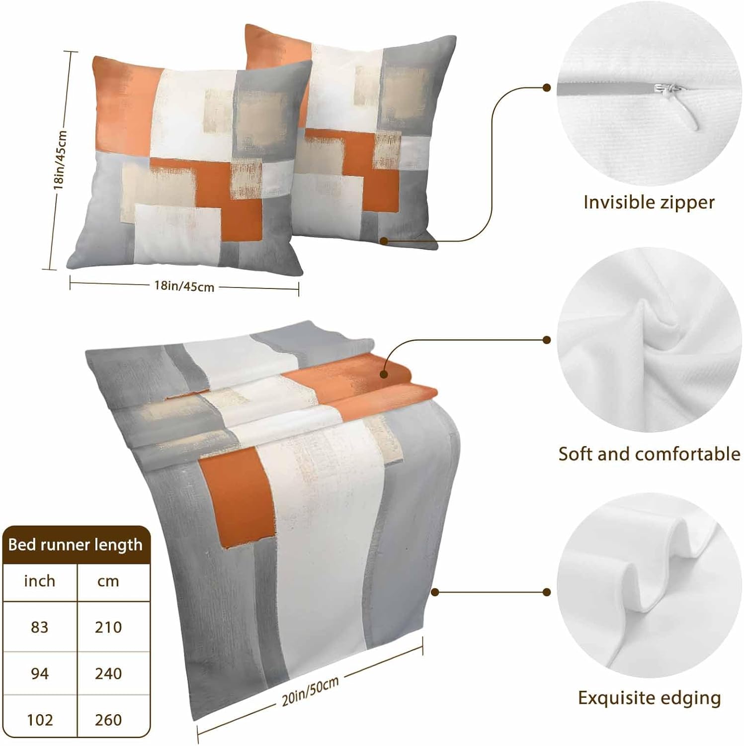 Abstract Orange Grey Bed Runner with 18"x18" Pillow Covers Set, Vintage Simple Color Blocks Soft Decorative Bed Scarf for King Size Beds, Bedding Scarves Protector for Bedroom Hotel Room 102"x20"