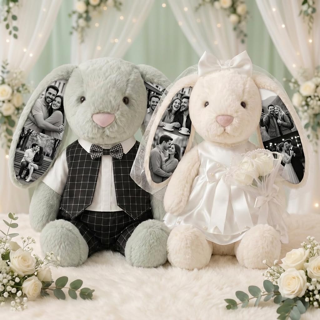 Personalized Photo Bunny Stuffed Animal, Custom Rabbit Plush with HD Print, Handmade Fluffy Customizable Stuffed Animal, Cute Keepsake Gift for Son Daughter (Style-7)