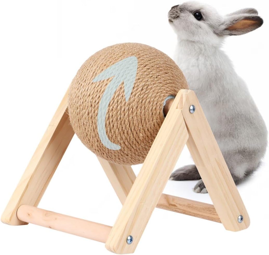 Bunny Scratch Ball – Toxic-Free Natural Sisal Scratching Ball with Enhanced Stable Wood Base | Pet Scratcher Toy for Rabbits, Cats, Chinchillas, 7”x7”x6.2”