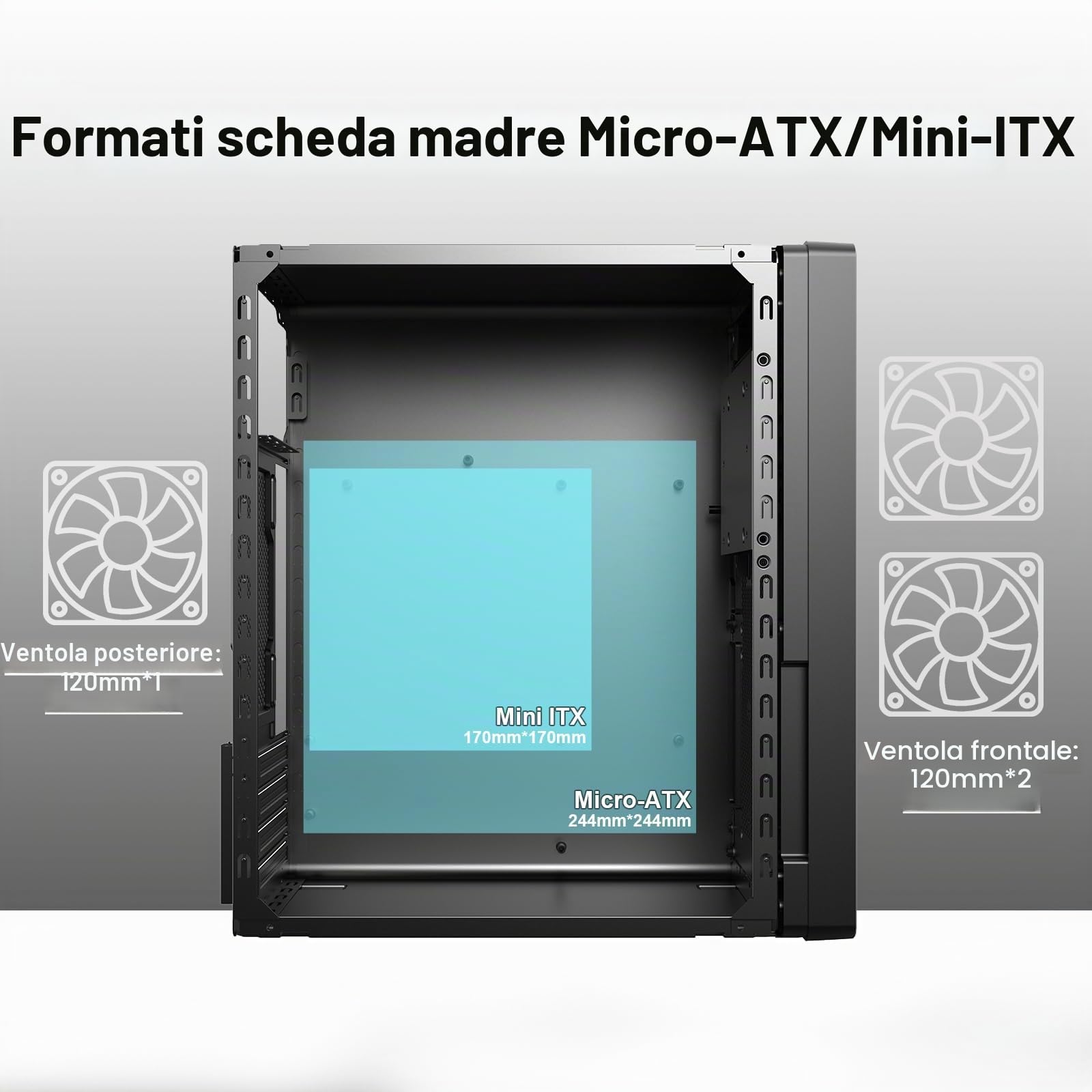 Micro-ATX Custodia PC Mini Tower SPCC 0,8mm senza ventola Custodia compatta MATX/Mini-ITX per casa/ufficio raffreddabile Supporto HDD/SSD PC case