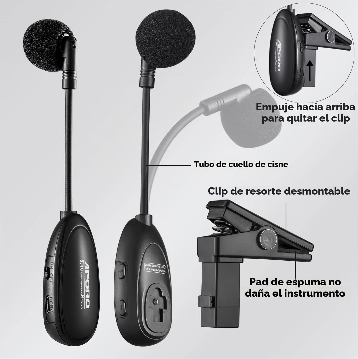 Micrófono de Saxofón Inalámbrico 2.4G, Clip en Instrumentos Musicales Micrófono, Receptor y Transmisor Inalámbrico, para Saxofón y más