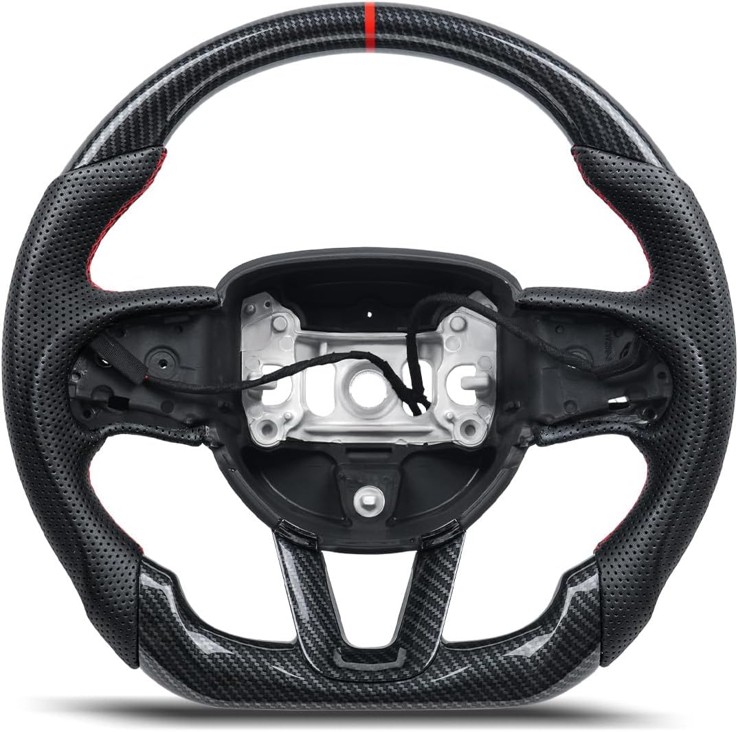 Heated Carbon Fiber Style Steering Wheel for Dodge Charger Challenger 2015-2023, Durango 2014-2020, Red Stitching Flat Bottom Sport Grip Replacement, Retains Heating Function
