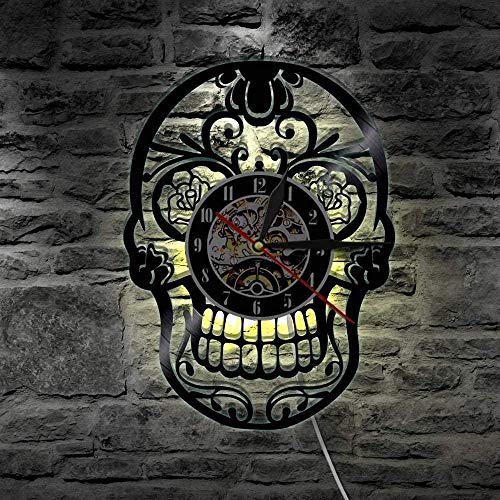 TIANZly Horloge Murale tête de Mort en Vinyle avec éclairage LED Horloge tête de Mort Gothique Sucre 12 Pouces