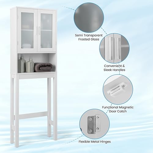 Miniatura 6 de Giantex Gabinete de almacenamiento sobre el inodoro, armario de baño independiente con 2 puertas de vidrio esmerilado, estante interior ajustable de