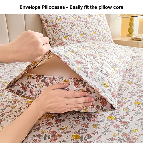 Image of Viviland Floral Twin XL Sheet Set - 3 Piece Vintage Pink & Yellow Flower Patterned Bed Sheets - Soft, Breathable Microfiber Sheets with Deep Pocket, Non-Slip Fitted Sheets & Pillowcases