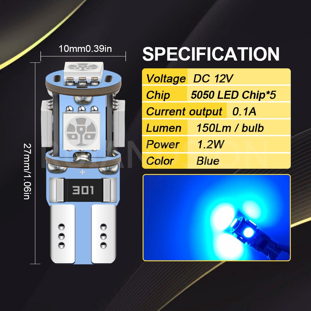Ruiandsion Lampadina LED Blu Cuneo 501 T10 W5W Confezione 40pz, 5 SMD 5050 150 Lumen 12V DC, Luci Interne Porte Targa Posizione per Auto Furgoni Moto - Fornitura All'ingrosso Officina
