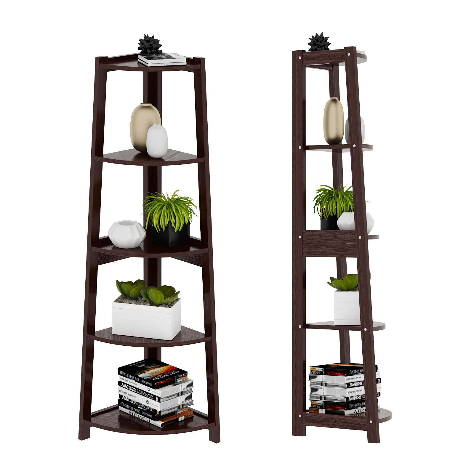VIVIJASON5 Tier Corner Shelf – Modern Wall Corner Storage Rack Plant Stand Small Bookshelf - Freestanding Ladder Shelf Display Organizer for Living Room, Kitchen, Home Office, Small Space (Coffee)