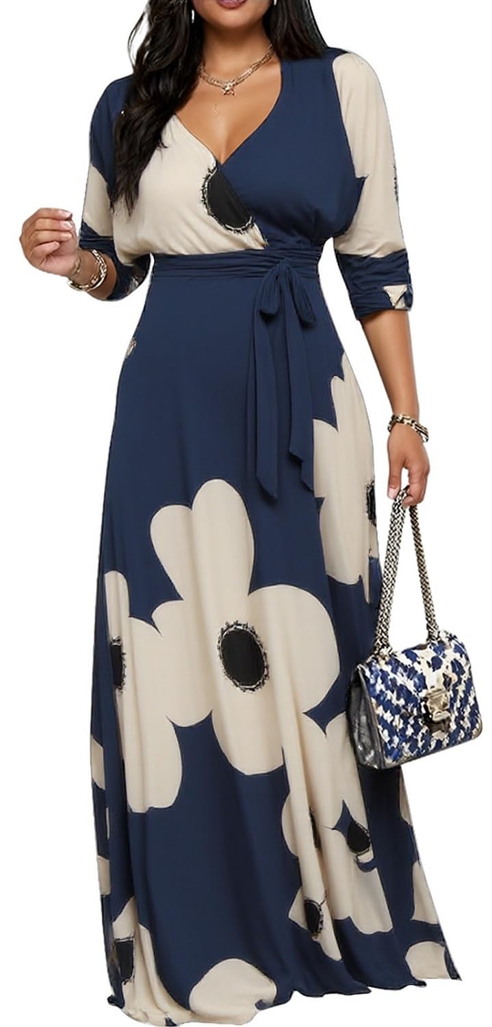 Women's Church Maxi Wrap V Neck 3/4 Sleeve Tie Waist Plus Size Long Dress