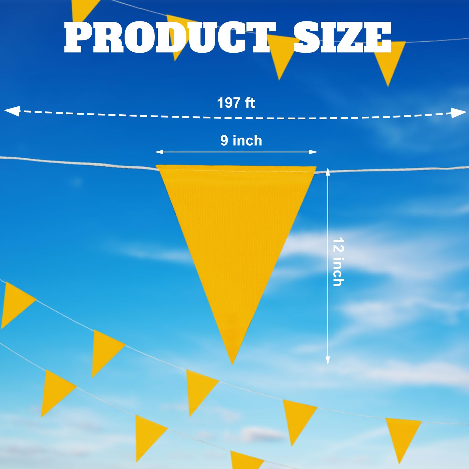 Preboun 197ft Pennant Banner Flags 9 x 12 Inch Safety Marking Flags Warn of Hazardous Areas Traffic Resistant Markers Warning Signs Rooftop Flagging for Construction Sites(9 x 12 Inch,Yellow)