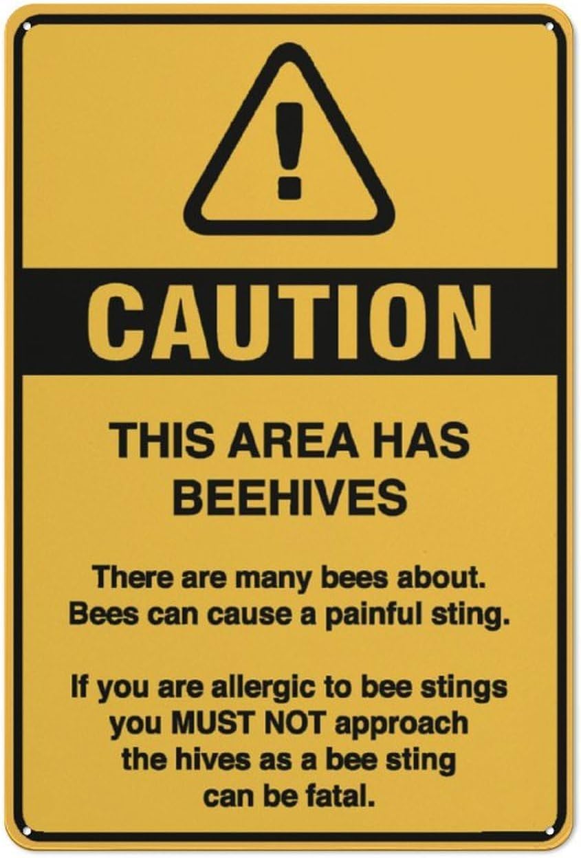 SMAZDFXX Caution This Area Has Beehives Tin Sign Danger Safety Security Warning Metal Wall Art for Home Decor Room Door Accessories Outdoor Yard 8"x12"