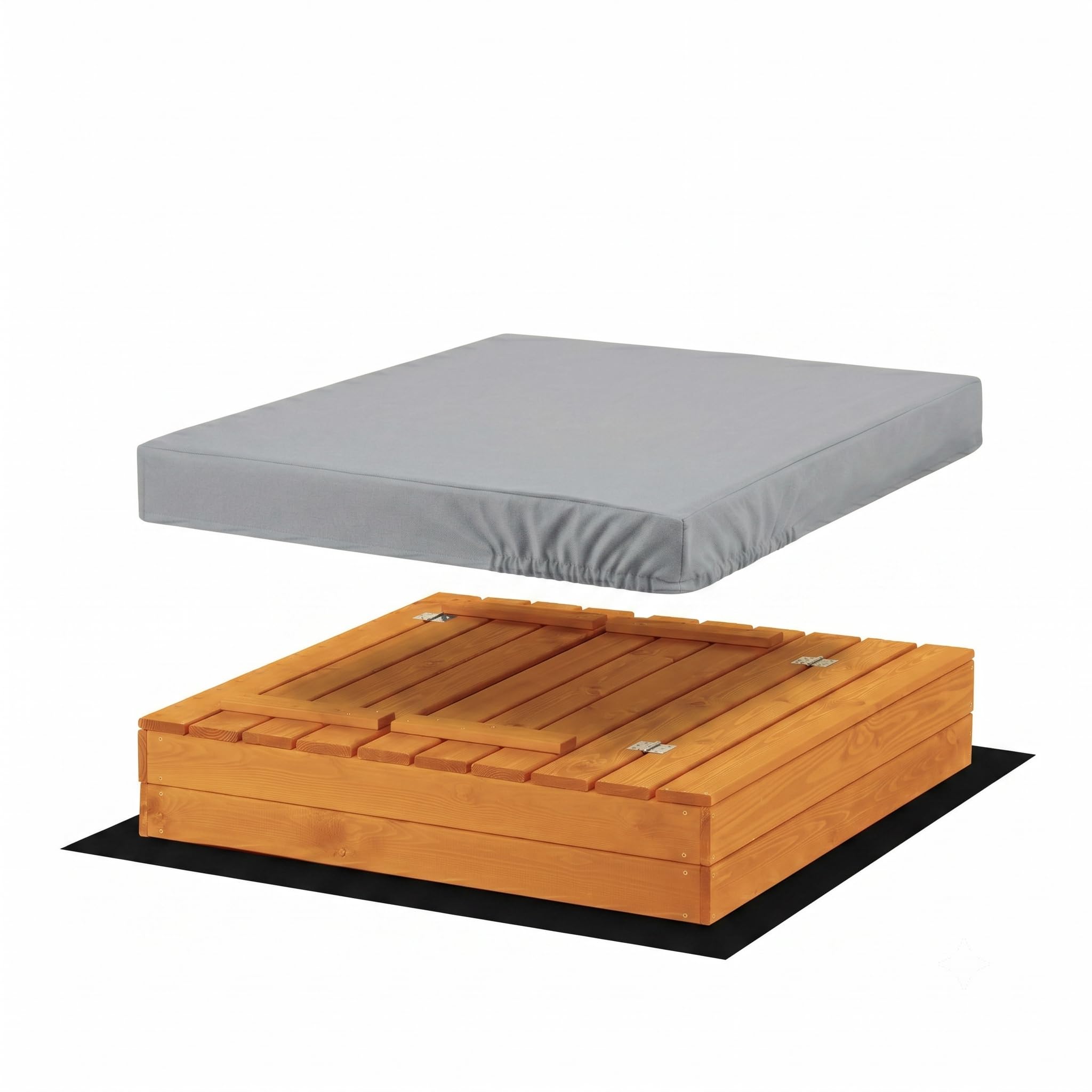 SunWood Sandkasten 100x100 cm Imprägniert Premium Sandbox mit Abdeckung Sitzbänken Deckel Plane Sandkiste Holz Kiefer Sandkastenvlies Amber-Imprägniert