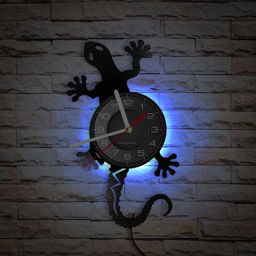 Smotly Black Vinyl Wall Clock, Animal Gecko Shaped Analog Clock, With Led Night Light, Wall Decoration Wall Clock Gift.