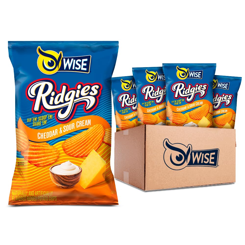 Wise Snacks Ridgies Cheddar and Sour Cream Potato Chips Bulk Snack for Fun and Tasty Snacking 0.75 Ounce 40 Count, Gluten Free, 0g Trans Fat, No Preservatives
