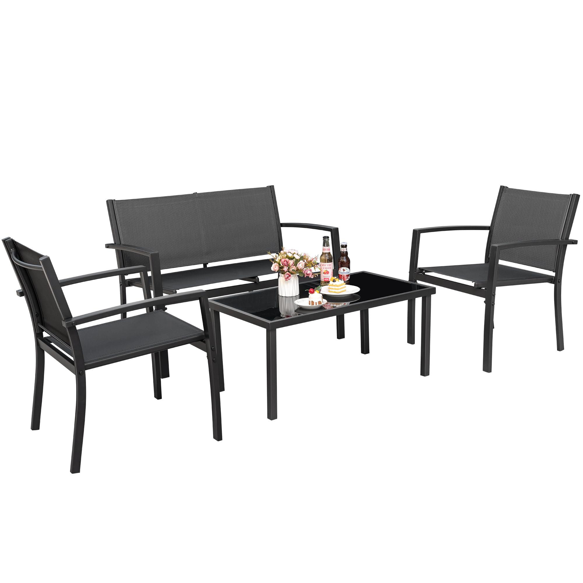 4 Pieces Patio Furniture Set Outdoor Conversation Set with Glass Coffee Table Bistro Set with Loveseat Garden Yard Lawn and Balcony (Black)