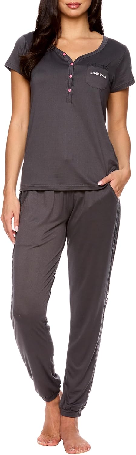 bebe Womens Pajama Set, Short Sleeve Shirt with Lace Jogger PJ Pants Lounge Sets for Women
