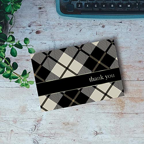 Image of Great Papers!, Black Plaid with Gold Foil Thank You Note Card and Envelope, 24 note cards and 24 envelopes, 4.875 inch x 3.375 inch (2015071)