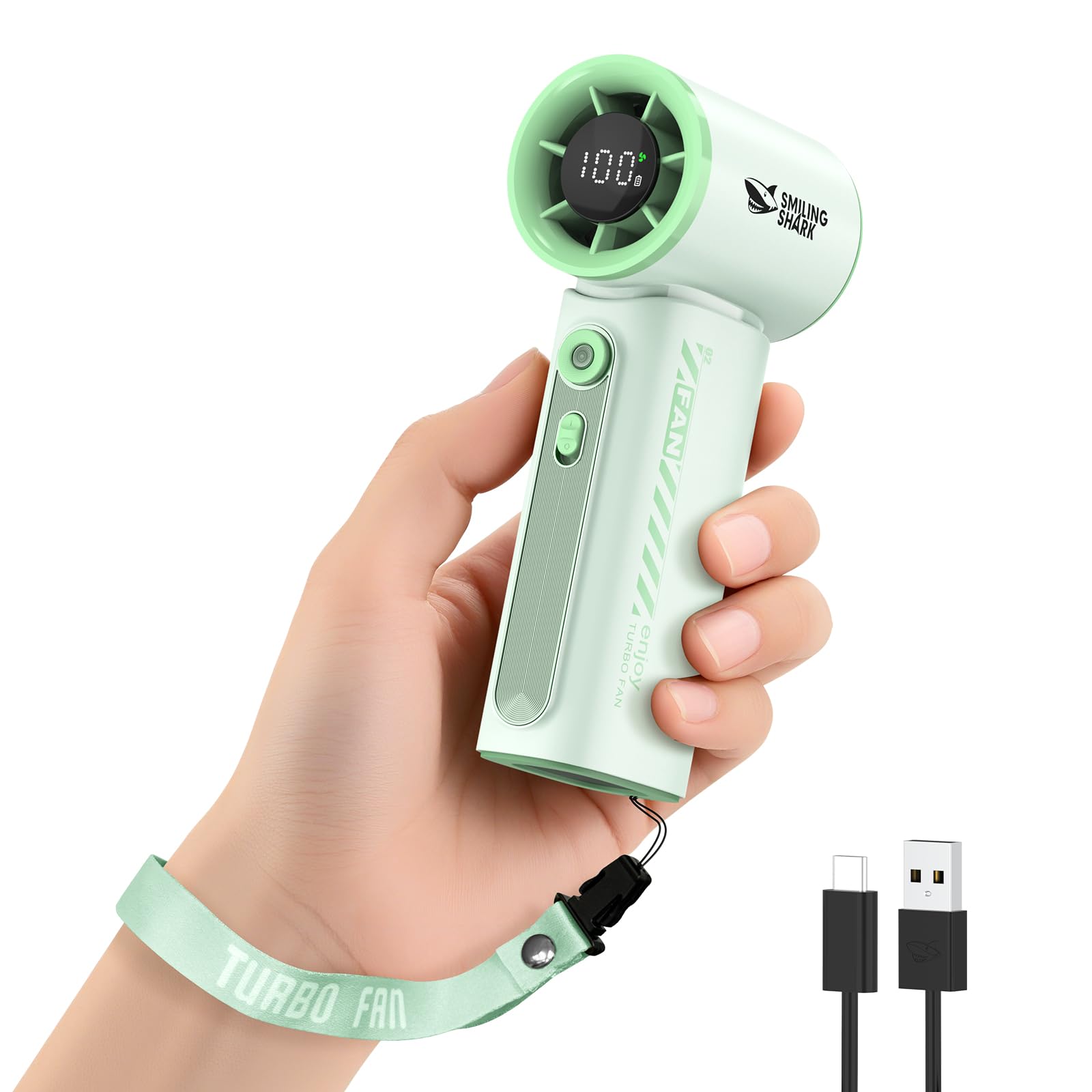 Smiling Shark TF-02 Tragbarer Turbo Handventilator, 1-100 Stufen Einstellbare Tragbarer Mini Handventilator [12Hrs Max] mit LED Anzeige/Lanyard/Basis, 2-in-1 Hand/Tischventilator für Outdoor Indoor