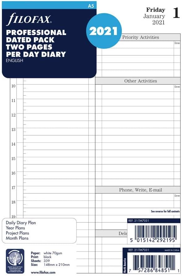 Filofax 2021, A5, Time Management, Day to View, English (CTM7031-21), 5.75 inches X 8.25 inches