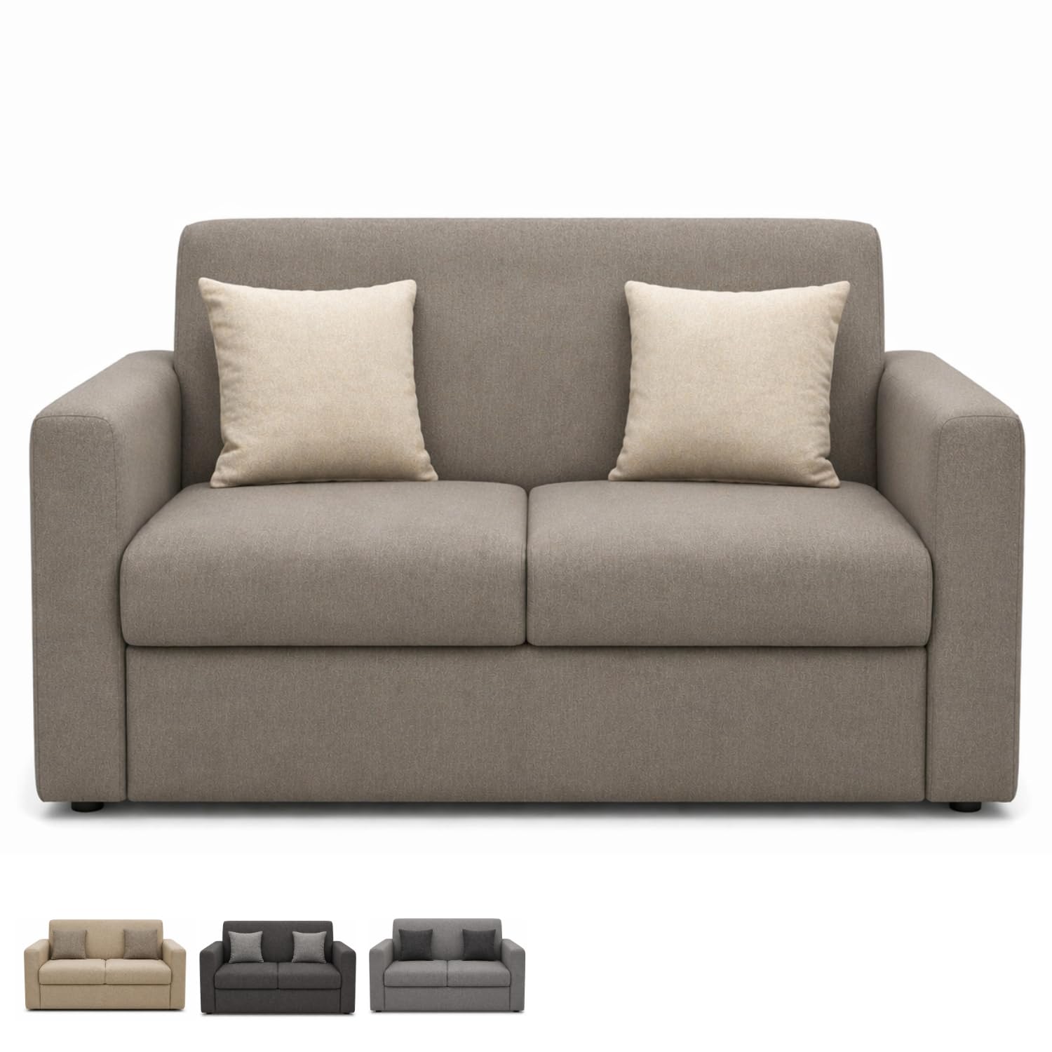 PALUPLUS Divano a 2 Posti in Tessuto, Misura 125x65x85 cm, Struttura in Legno MDF, Piedini in Plastica, Divanetto per Casa, Ufficio, In Omaggio 2 Cuscini a Contrasto, Made in Italy -32M (Tortora)