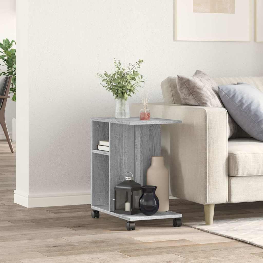 Beistelltisch mit Rollen Grau Sonoma Holzwerkstoff 50x30x55 cm Couchtisch mit Ablagefach für Wohnzimmer Schlafzimmer Flur Balkon, Sofatisch mit Stauraum und Bremsen, praktischer Ablagetisch