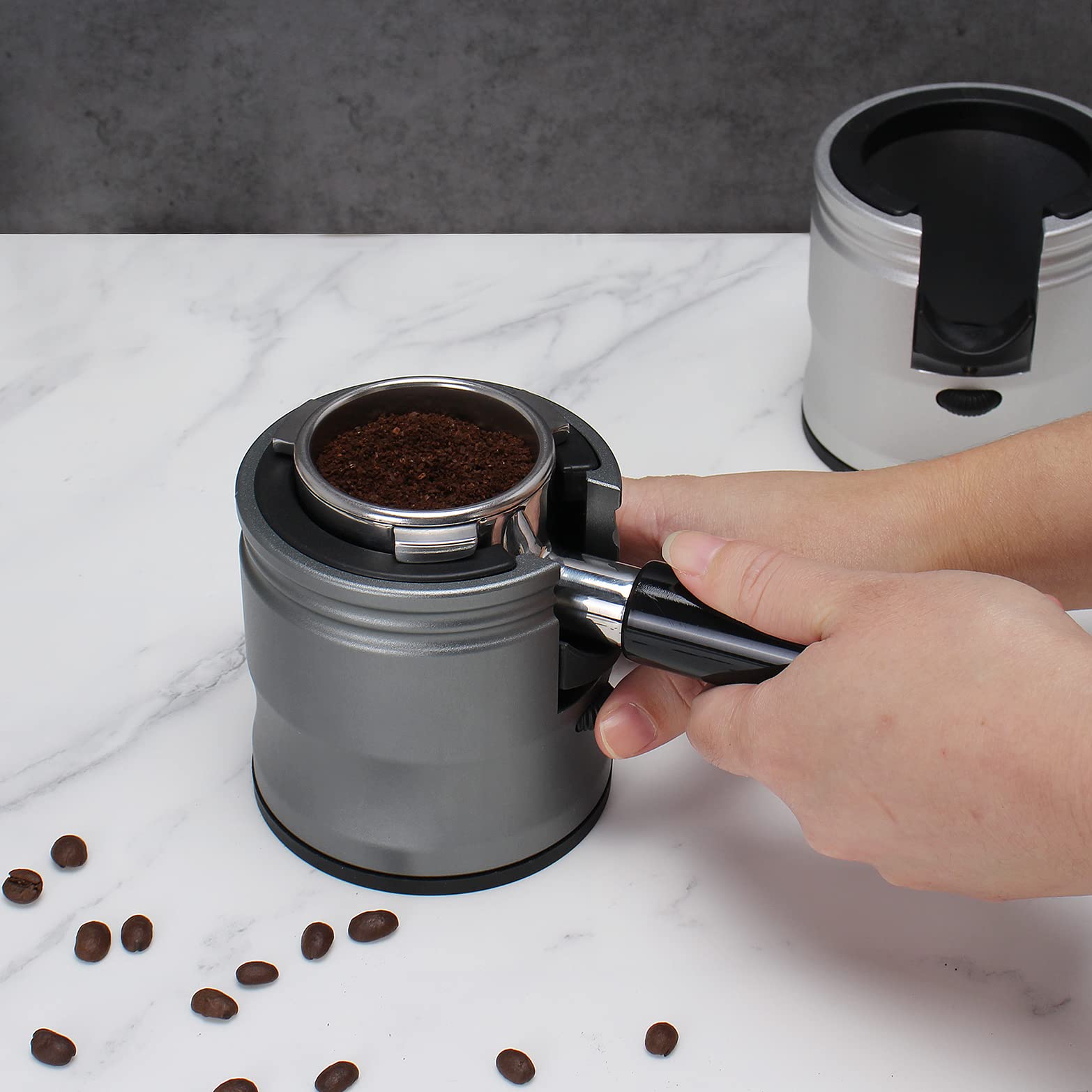 DIBTSA Espresso Tamping Station, Coffee Portafilter Holder, Aluminum Alloy Stand Fit for Most 51mm, 53mm, 54mm and 58mm Portafilter (Round, Grey)