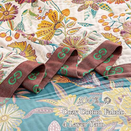 Image of XIBLC Boho Throw Blanket, 100% Cotton Ultra Soft Luxury Throw Rustic Quilt, 60 inchx80 inch Floral Printed Farmhouse Decor Bed Summer Blankets, All Season Rustic Reversible Bohemian Throw for Bed - White
