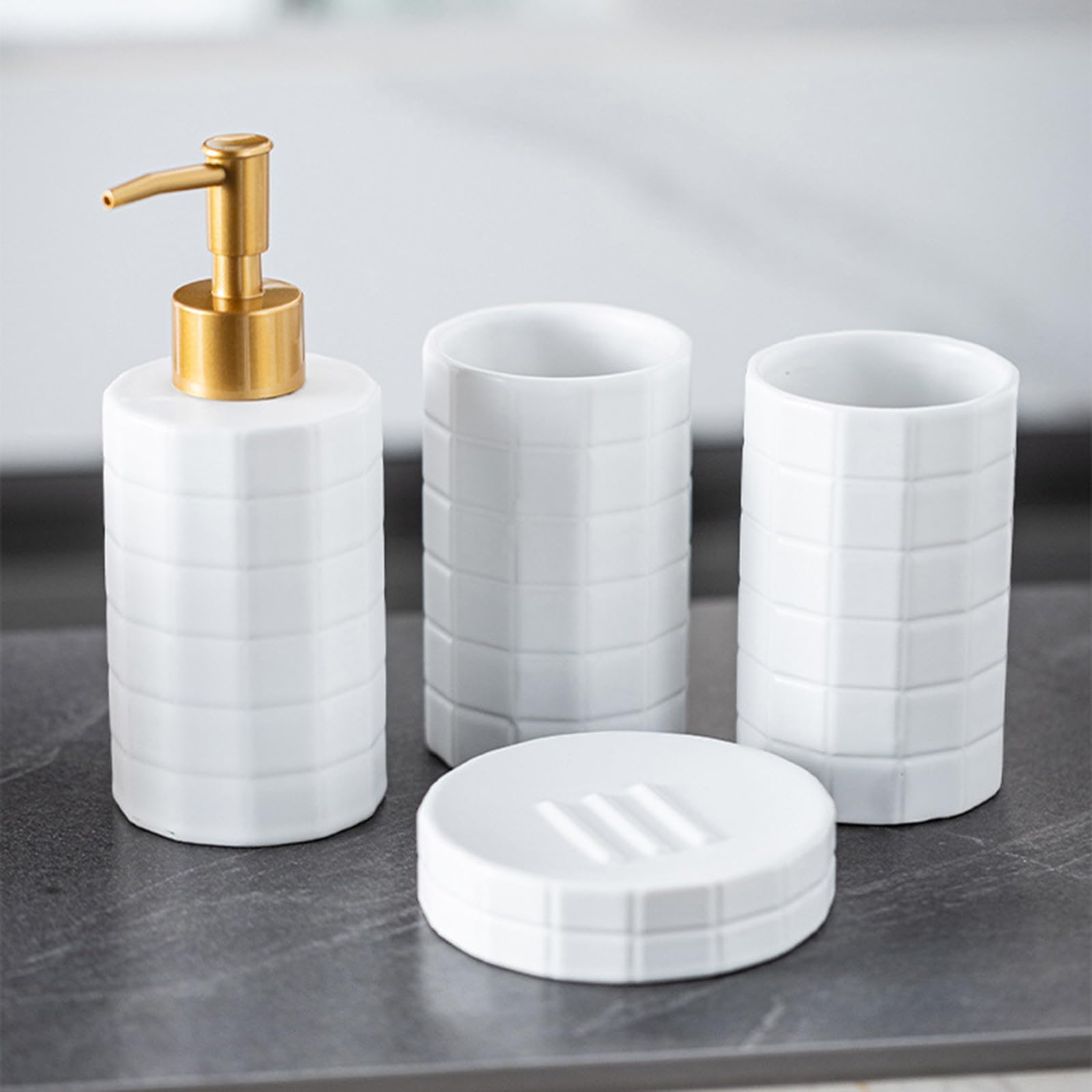Premium-Keramik-Bad-Set mit rutschfester Unterseite, Seifenspender und Zahnputzbecher für modernes Badezimmer, platzsparender Keramik-Seifenspender-Organizer