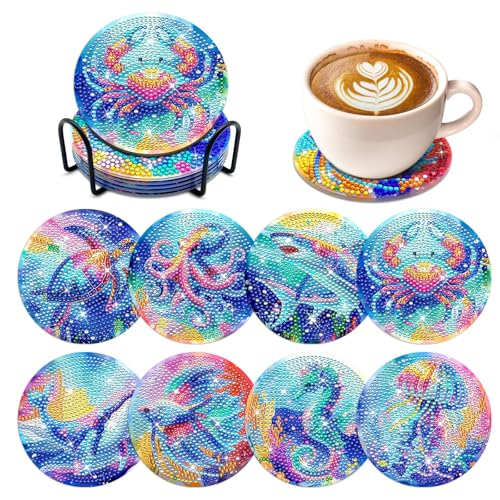 8 Pièces Océan DIY Dessous de Verre avec Support en Métal, Peinture Diamant Dessous de Verre, Kits de Peinture au Diamant, pour la Maison, Bureau, Bar et Restaurant (Créatures Marines)
