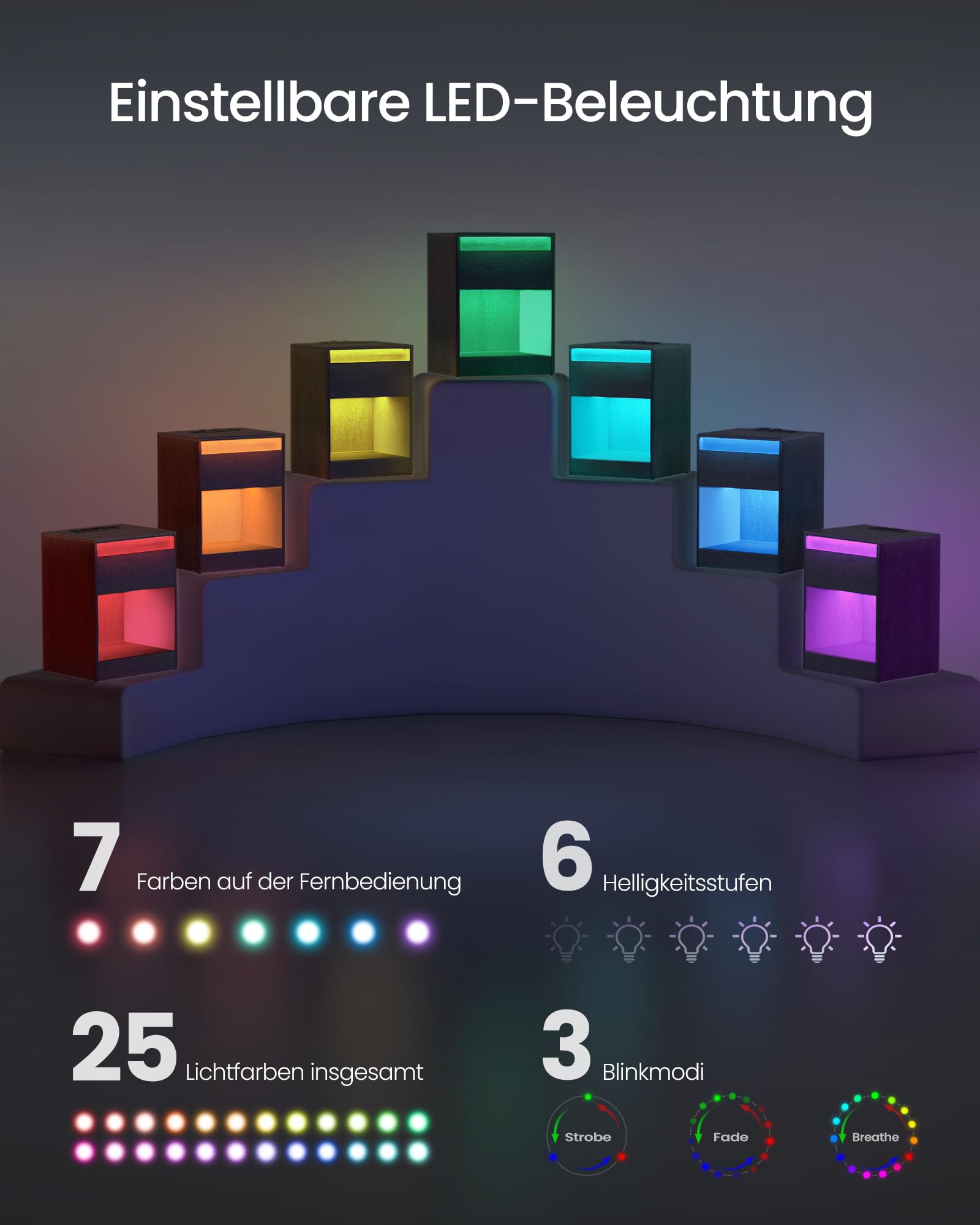 VASAGLE Nachttisch mit Einstellbarer LED-Beleuchtung, Beistelltisch mit Steckdosen, Schublade, 2 AC-Steckdosen, 2 USB-Anschlüsse, modern, für Schlafzimmer, Wohnzimmer, aschschwarz LET618T22
